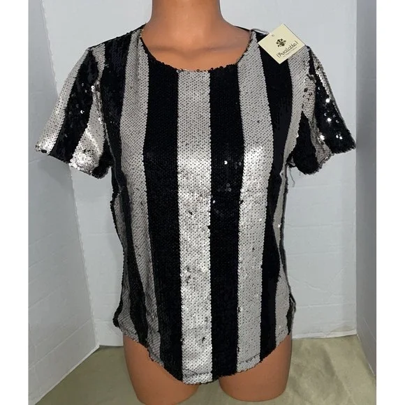 New-black white sequins beads evening formal cocktail blouse Top SM - Picture 2 of 7